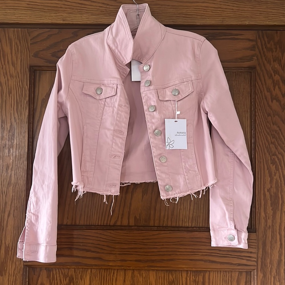 NWT Papaya Frayed Denim Jacket in Dust Pink Small